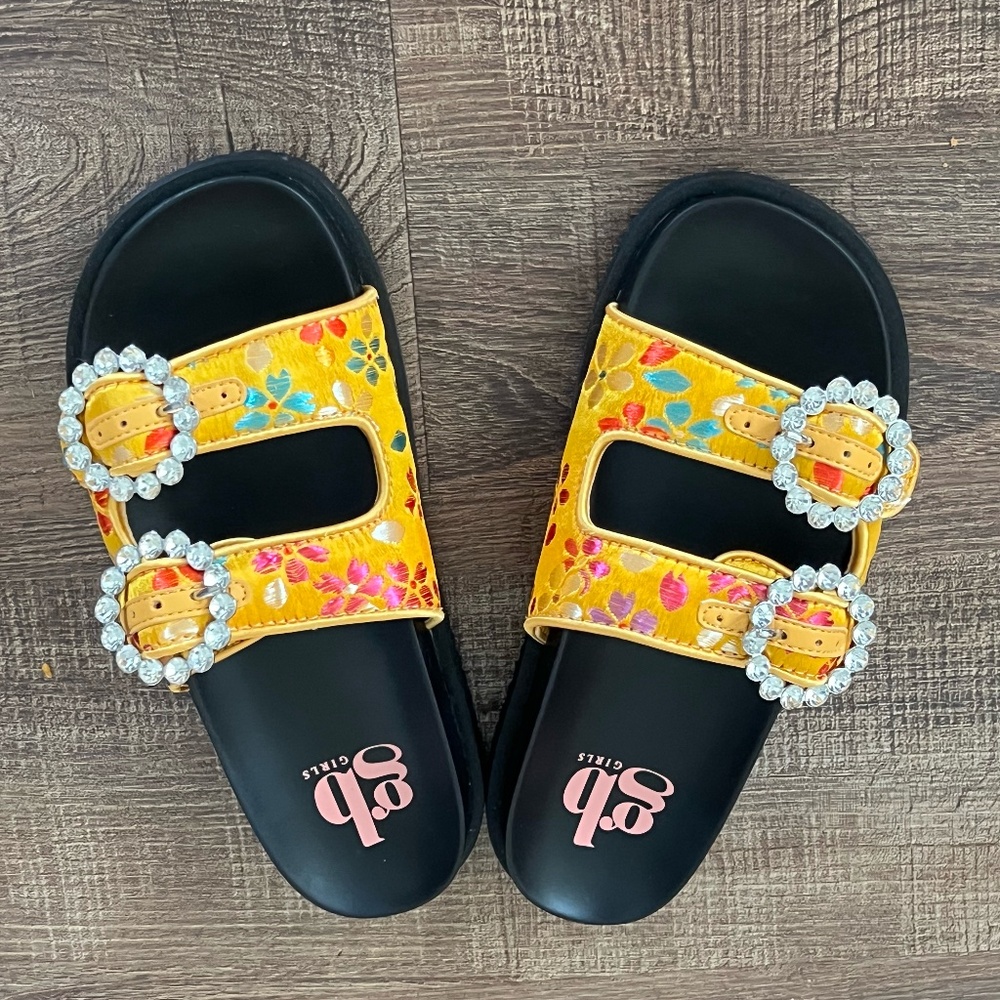 Yellow Floral Slide Sandals with Rhinestone Buckle